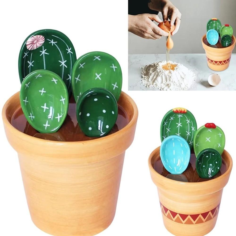 with Base Measuring Spoons Set Ceramic Cactus Ornament Kitchen Measuring Spoons Seasoning Storage