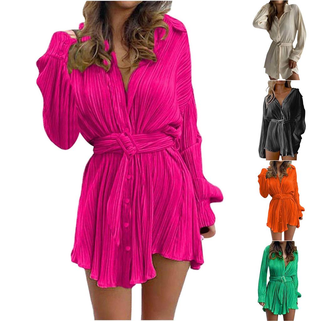 Women's Shirt Collar Fashionable Elastic Waist Pleated Long Sleeved  Dress