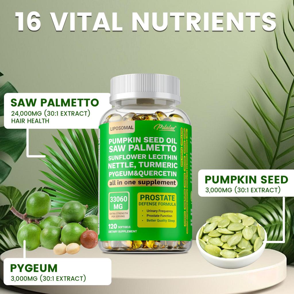 Prostate health supplement, 33060 mg per serving, contains saw palmetto and pumpkin seed extract, for men's prostate health.