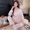 Japanese and Korean style floral bear girl pajamas spring and autumn silky ice silk loungewear cartoon long-sleeved two-piece set
