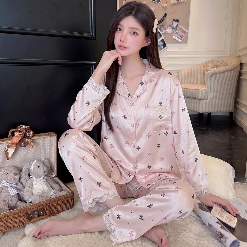 Japanese and Korean style floral bear girl pajamas spring and autumn silky ice silk loungewear cartoon long-sleeved two-piece set