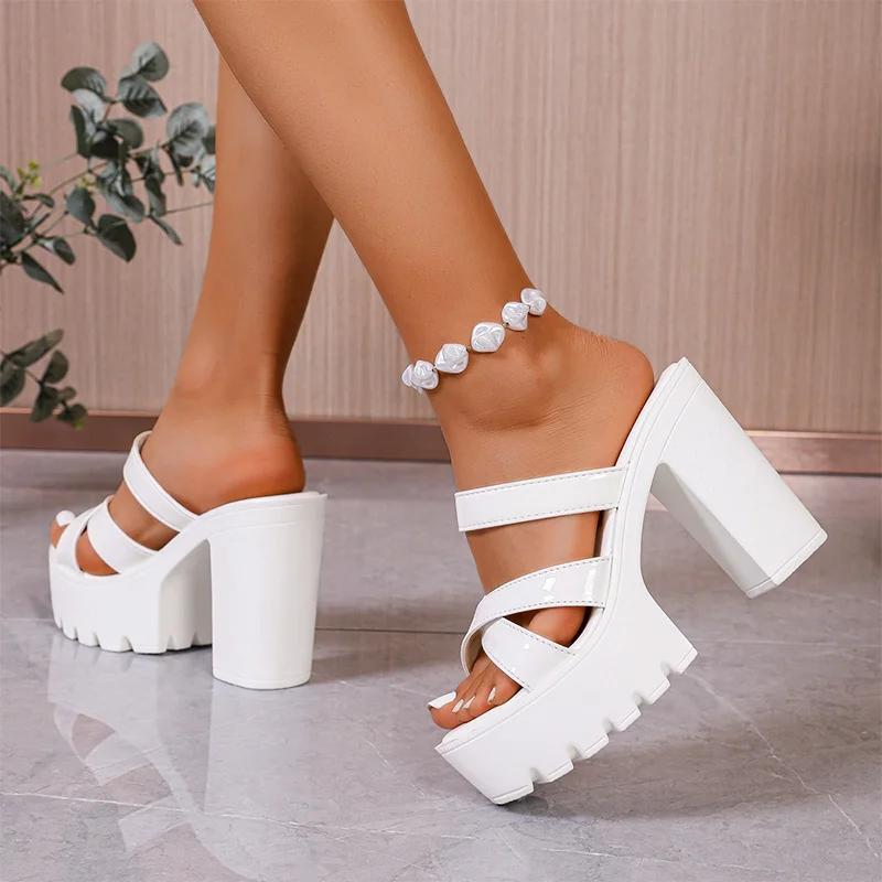 Fashion Cross Band Super High Heels Sandals Women Plus Size Pu Leather Chunky Platform Slippers Thick Sole Non Slip Square Heels Shoes