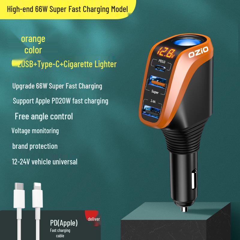 Автомобильное зарядное устройство Oshur с быстрой зарядкой, расширением USB и тройным адаптером прикуривателя