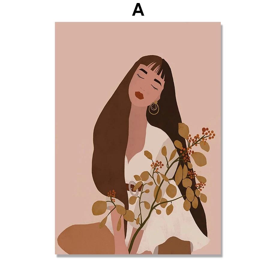 Рамка из цельного дерева, модная девушка с цветком, женщина, минималистичная настенная живопись на холсте, скандинавские украшения дома, постеры и принты, декор для гостиной