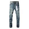 Mens Slim Fit Distressed Denim Jeans With Embroidered Patch Vintage Ink Wash Stretch Cotton Streetwear Style