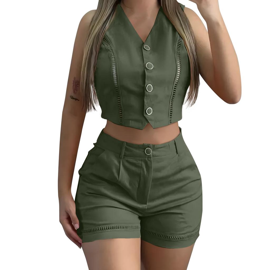 Women's Summer Fashion Casual Button Vest Shorts Suit Women's Clothing