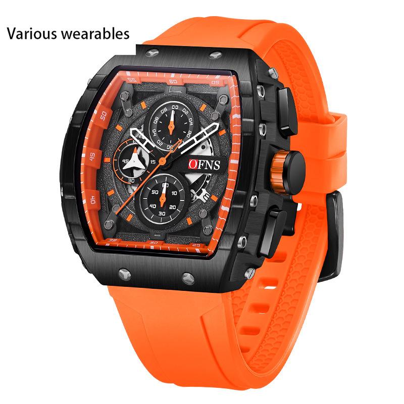 Outdoor Style Wine Barrel Men's Watch Curved Mirror Gradient Hollow Men's Watch Three Eyes and Six Hands Watch