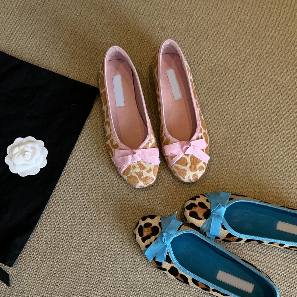 Версия из овчины~ Французский вечерний бриз бант леопардовый принт туфли-лодочки с круглым носком балетки на одном педале с мелким вырезом женские