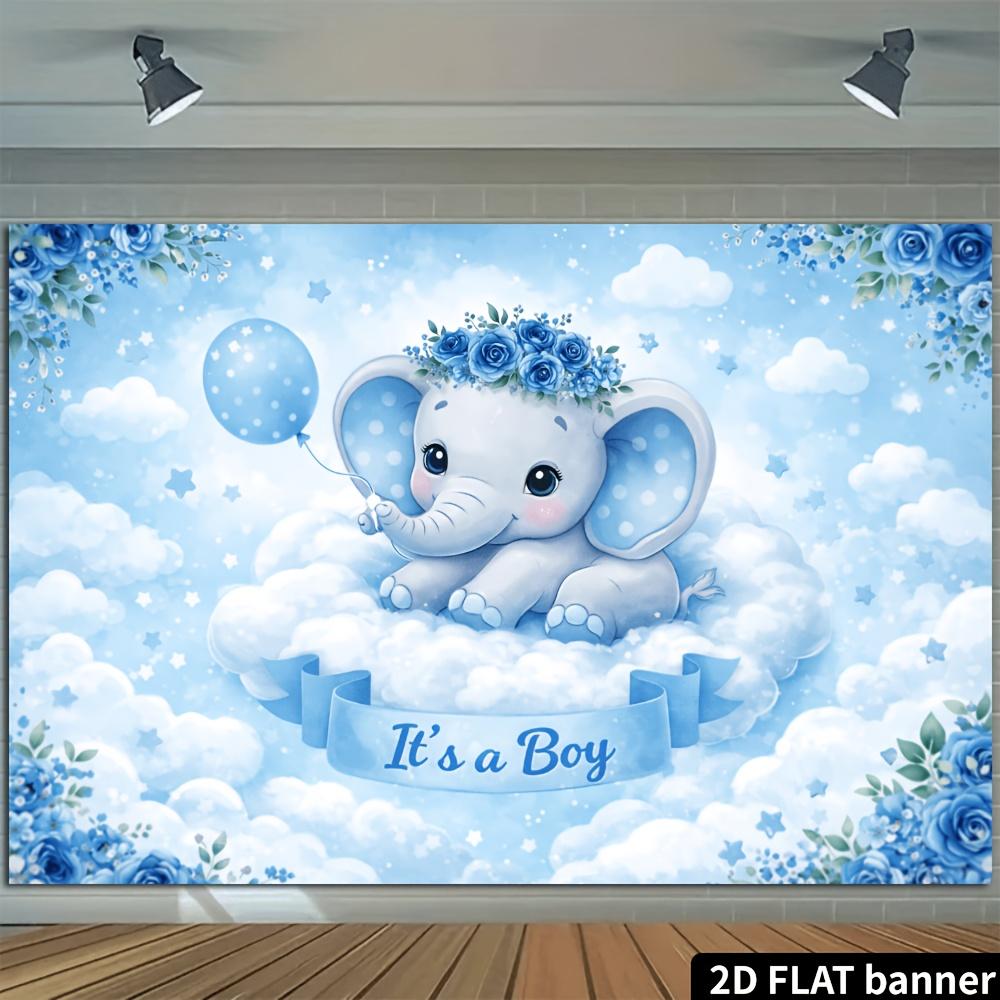 2D Plane Cloud Elephant Theme Background Cloth - Light Blue Dreamy Style Decorated with Balloons Stars and Blue Roses