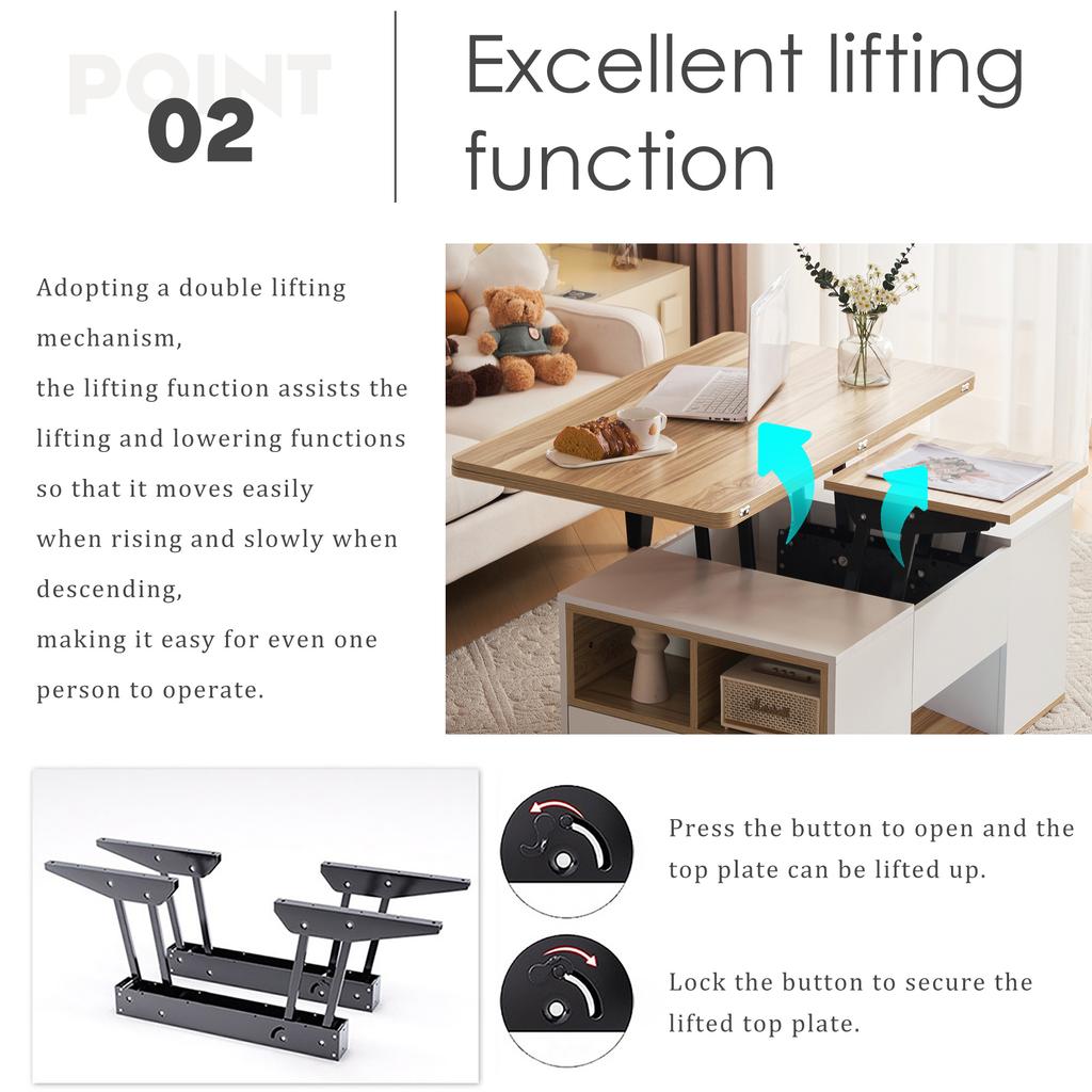 =N625P339133134W Liftable Multifunctional Coffee Table - Top Opens into 2 Tables, Large Capacity, Living Room Furniture, Office Dining Leisure Table