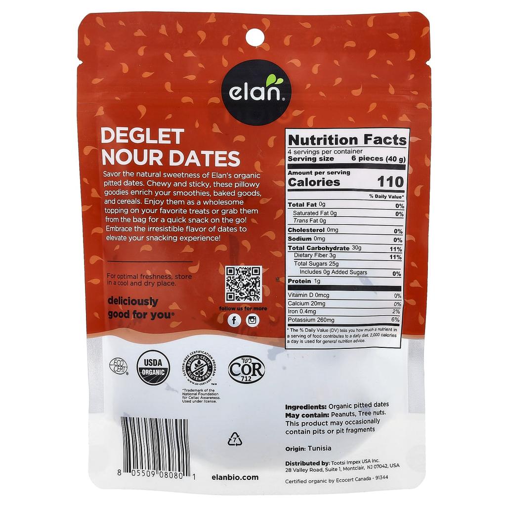 Elan, Organic Deglet Nour Dates, Pitted, 185g (6.5oz)