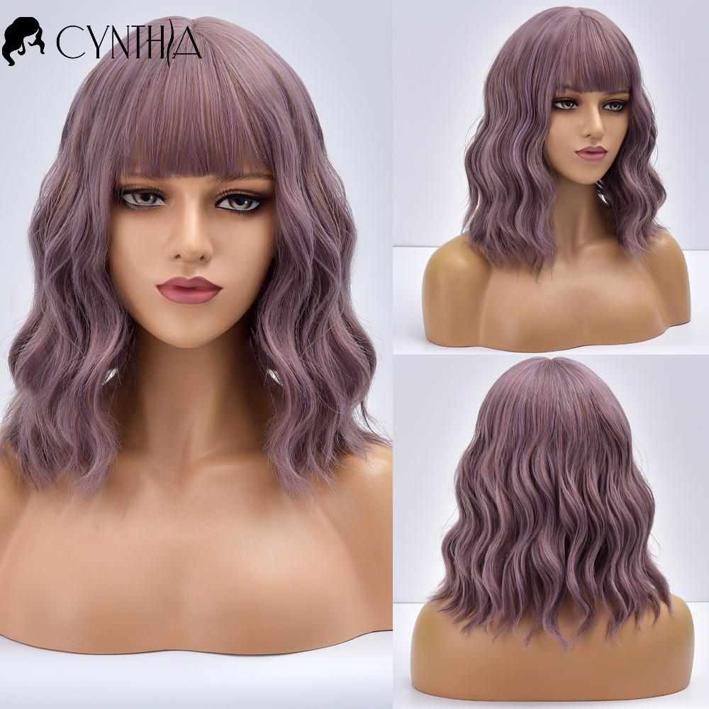 Ombre Blonde Короткий Боб Синтетический парик для женщин с челкой Белое золото Объемная волна Косплей Лолита Натуральные термостойкие волосы