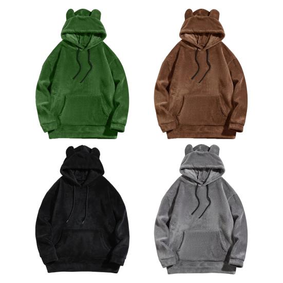 Зимняя мужская толстовка с капюшоном с декором в виде мультяшных ушей, двухсторонний бархат с большим передним карманом, свободная длинная