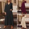 Women's Casual Maxi Dress V-Neck Loose A-Line Pleated Dress Long Sleeve Retro Cotton Linen Dress Work Street Vacation