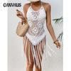Women's Beach Holiday Sexy Big Backless Hand Hook Tie Hollow Out Fringe Bikini Short Top Beach Cover-up