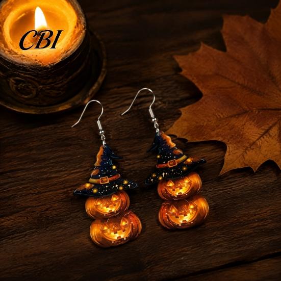 Cute Halloween Costume Jewelry 1 Pair Pumpkin Earrings for Women, 2 Stacking Lightweight Hypoallergenic Ear Hooks Drop Dangle with Witch Hat, Acrylic