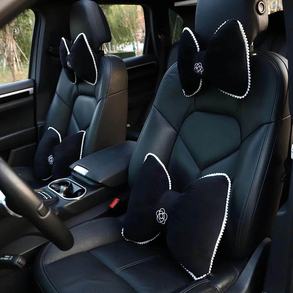 New Car Seat Headrest Pillow Cute Bow Velvet Neck Headrest Lumbar Pillow Soft Support Protector Cushion For Car