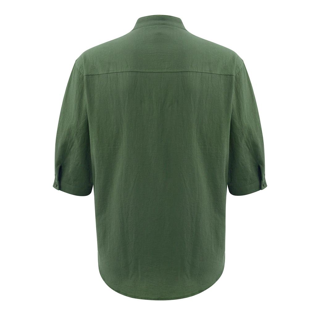 Мужская летняя рубашка с воротником-стойкой и пятью точками со средними рукавами, свободный однотонный топ из хлопка и льна
