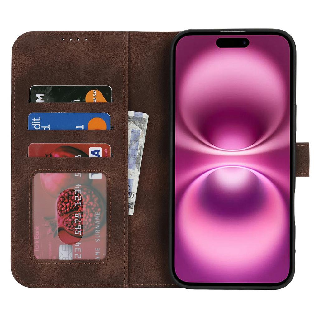 For iPhone 16 Wallet Case Double Folded Edge Skin Touch PU Leather Flip Phone Cover