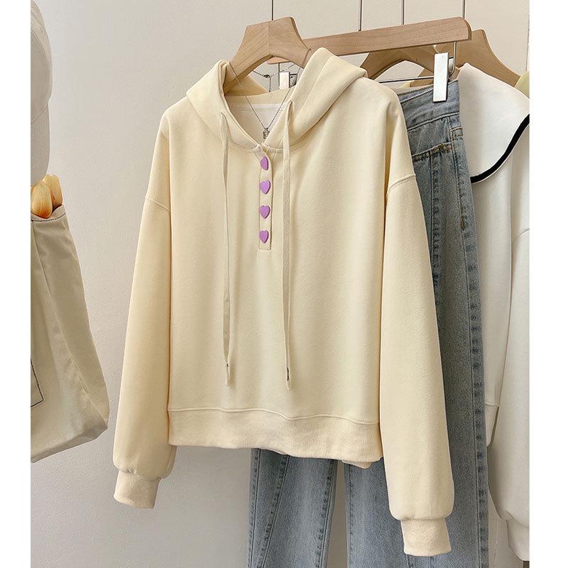 Heart Button Hoodie: College Style Loose Fit for Spring & Autumn 2025
