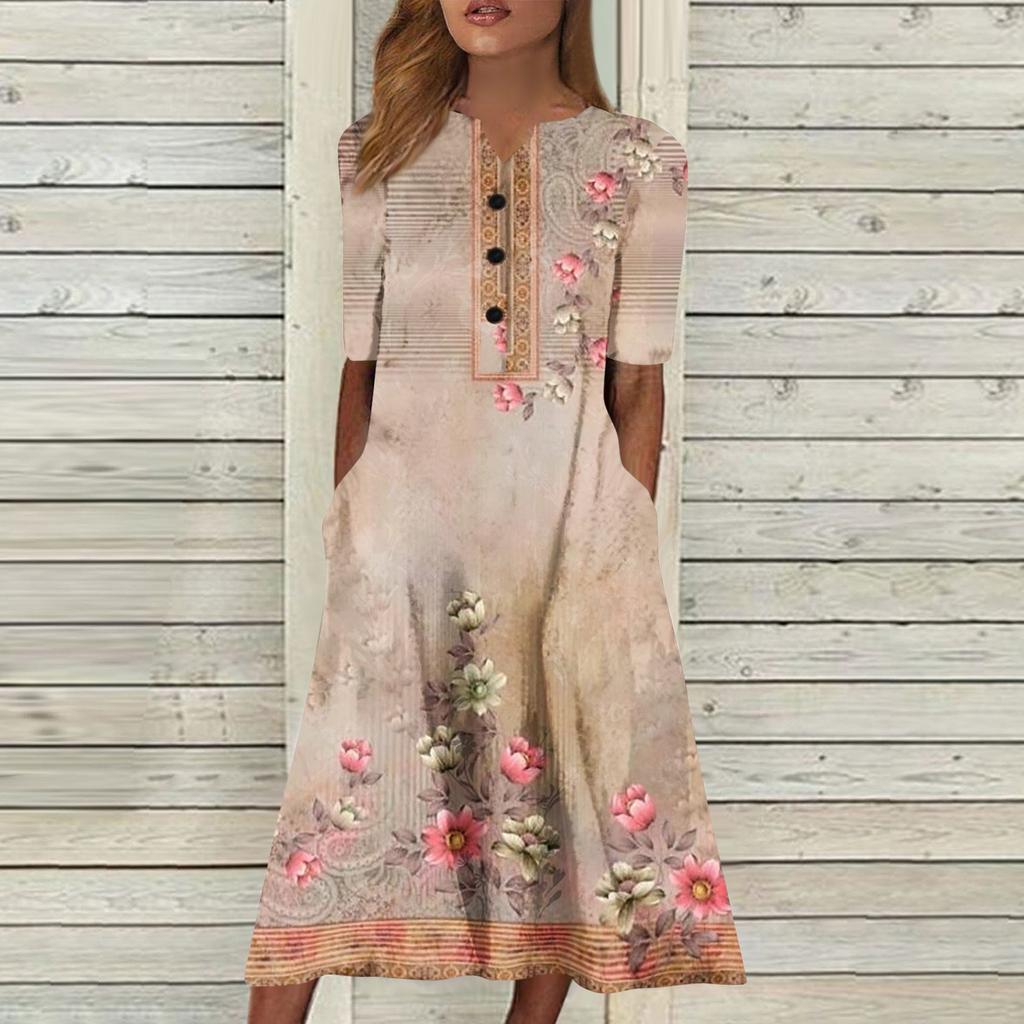 Women's Summer Casual Printing Fashion V-neck Short Sleeved Beach Swing Skirt