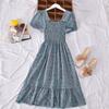 "French Retro Floral Square Neck Puff Sleeve Dress for Petite Women - High Waist, Sweet, Short Spring Style"