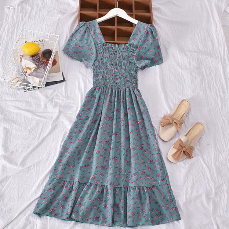 "French Retro Floral Square Neck Puff Sleeve Dress for Petite Women - High Waist, Sweet, Short Spring Style"