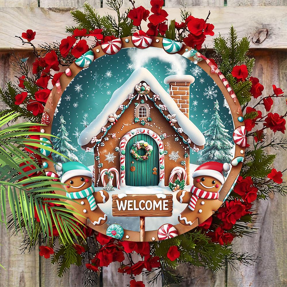 Wooden Christmas Sign with Snow House & Gingerbread Man Pattern - Navidad Welcome Sign for Front Door Wall Hanging Decor - Ideal Christmas Gift