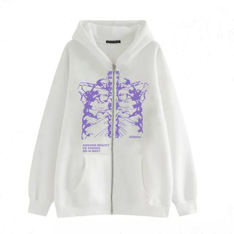Skull Wing Print Hooded Zip-Up Sweatshirt Women Loose Fit Fleece Lined Long Sleeve Streetwear