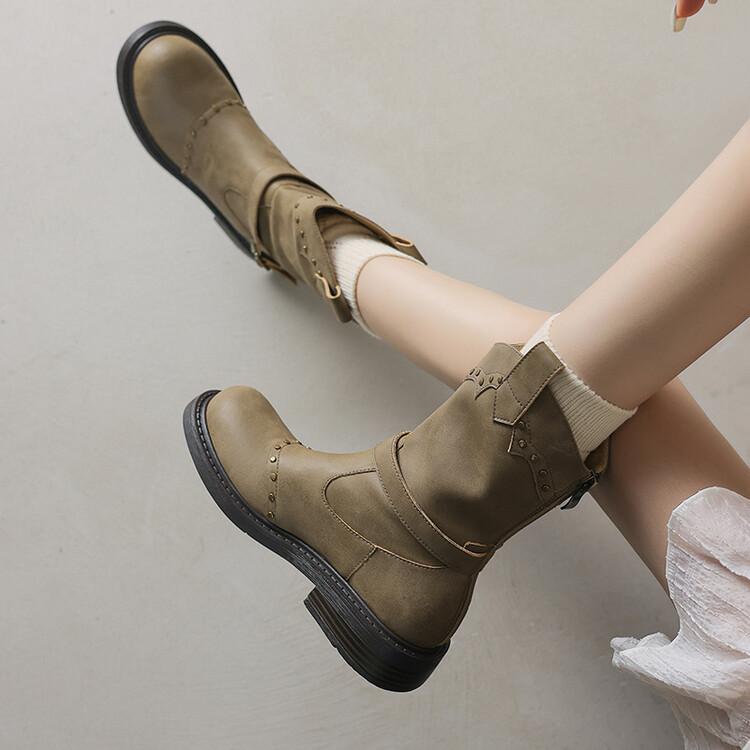 Модные женские ботинки из спилка на осень-зиму, модные ботинки с заклепками и круглым носком для женщин, короткие женские ботинки, женские ботинки на низком каблуке в западном стиле