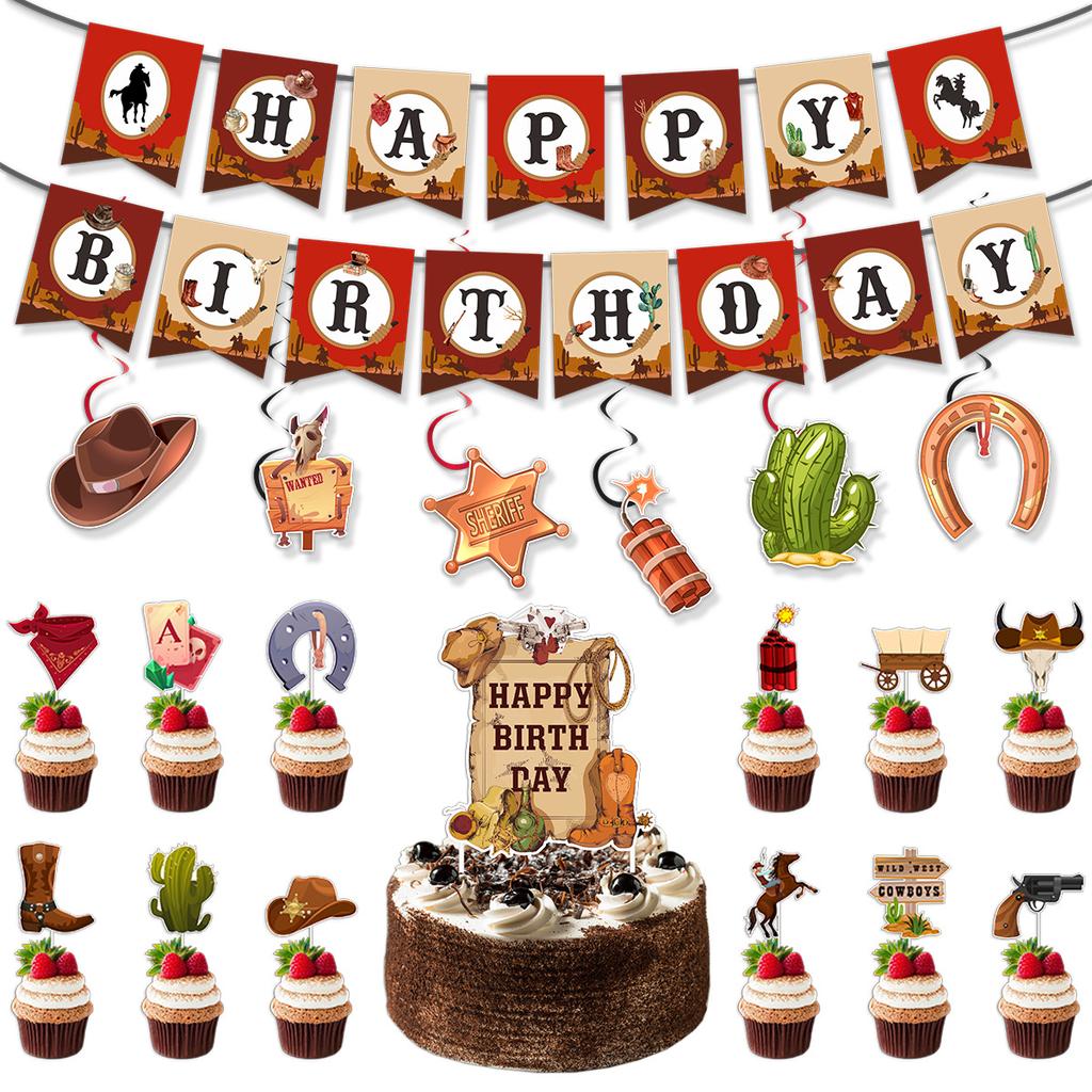 Western Cowboy Themed Birthday Party Decoration Birthday Banner Spiral Pendant Balloon Cake Plug