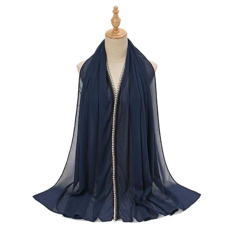 Новый Рамадан Шифоновый Хиджаб Шарф с Жемчужными Бусинами Мусульманский Хиджаб с Цепочкой Однотонные Длинные Шали Головной Платок Обмотки Исламская Повязка на Голову