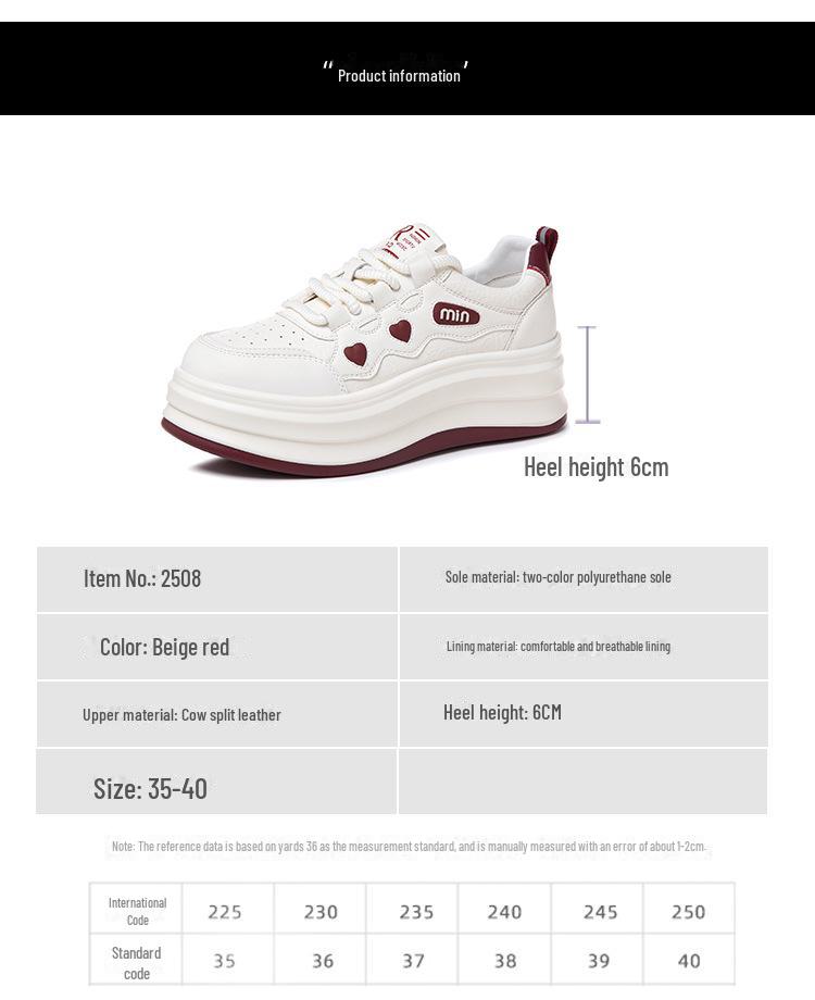 Women's Thick-Soled White Leather Sneakers - 2025 Spring Fashion, Height-Enhancing, Versatile, Casual Sports/Board Shoes