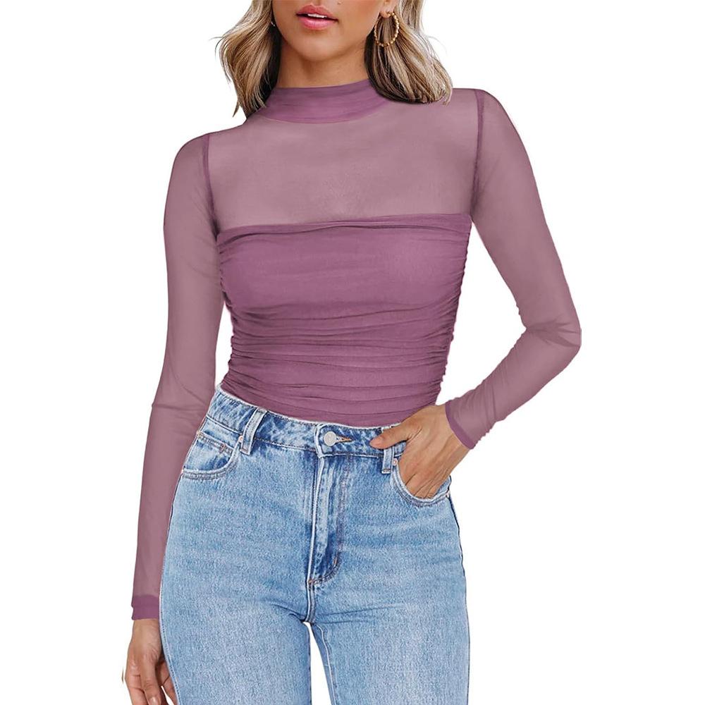 2025 New Women's Half Turtleneck Perspective Long-sleeved T-shirt Y2K Mesh Top