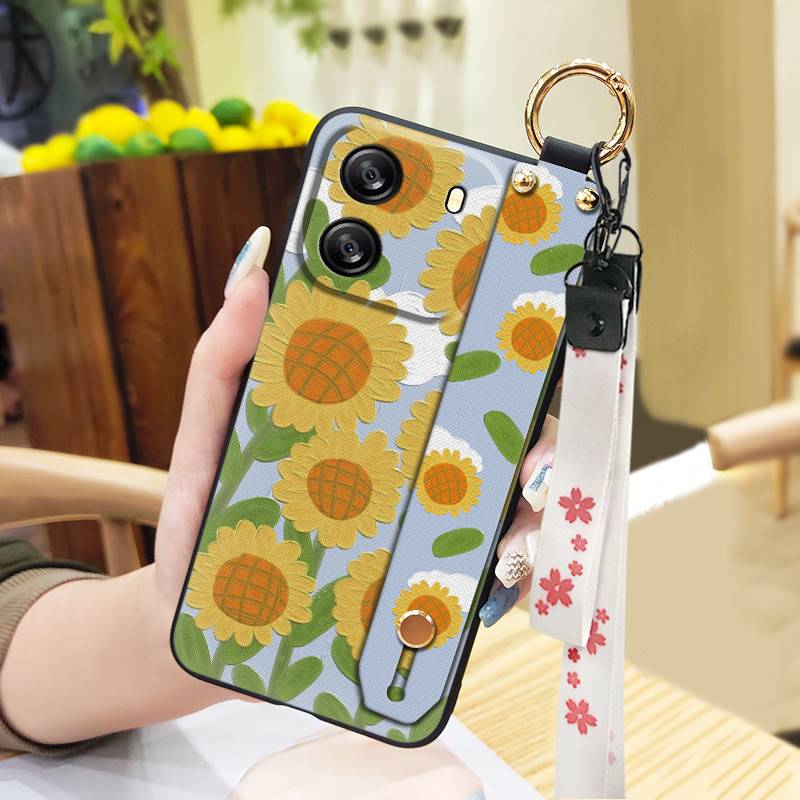 Protective Anti-dust Phone Case For Blackview Wave 6C Kickstand Ring Lanyard Soft Case Phone Holder Anti-knock Flower