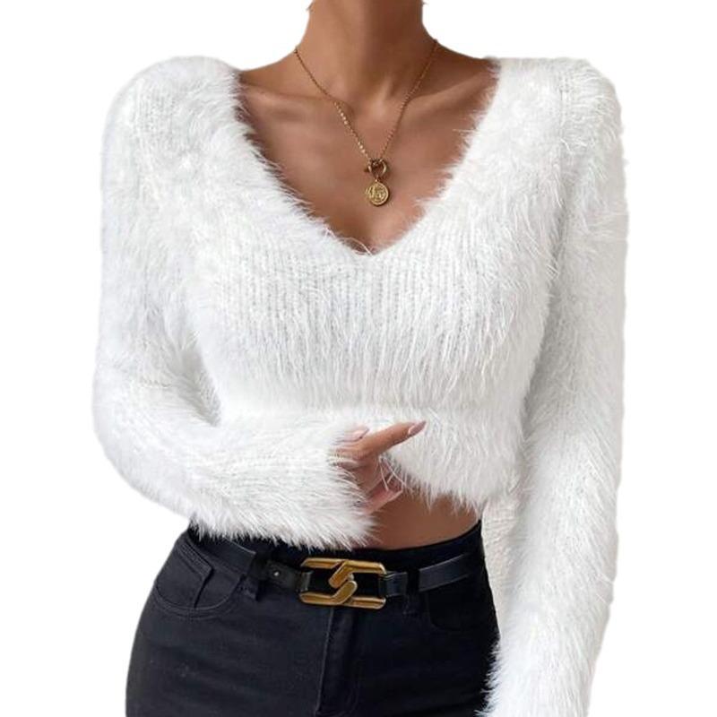 Women‘s Stylish Solid Short Plush Sweater Fall Winter Soft Comfortable Warm Simple Sweater for Lady V-neck Long Sleeve Slim Short Sweater