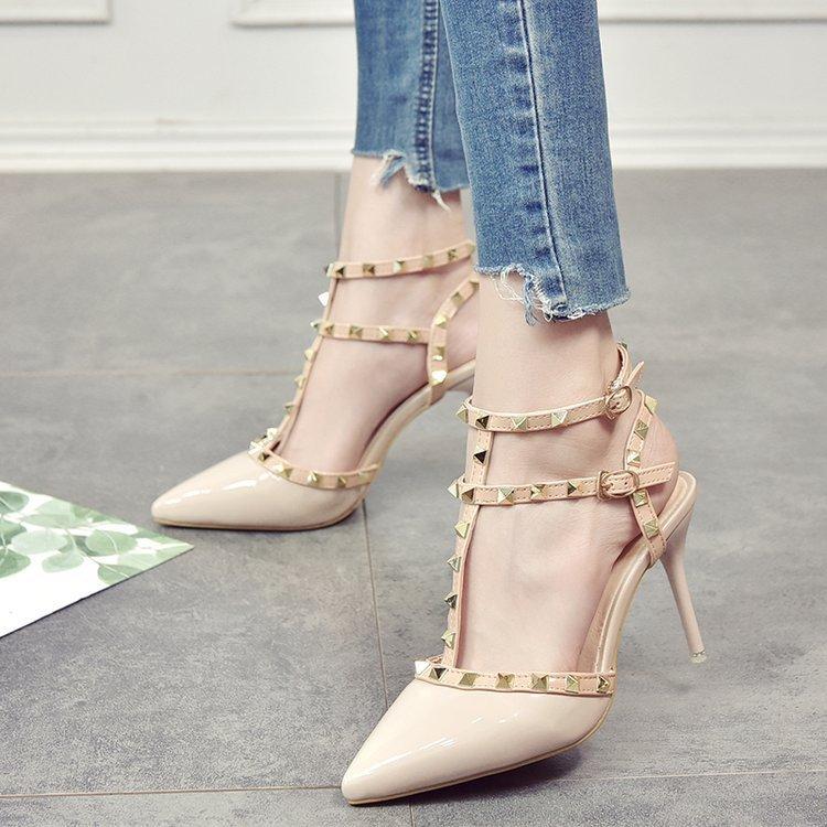 Rivet High Heels Women'S Stiletto Single Shoes Versatile Summer Sexy Pointed T-Shaped With Empty Willow Sandals Women