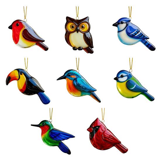Fused Glass Birds Ornament Acrylic Hummingbird Owl Blue Jay Kingfisher Chickadee Christmas Ornament for Xmas Tree Decor