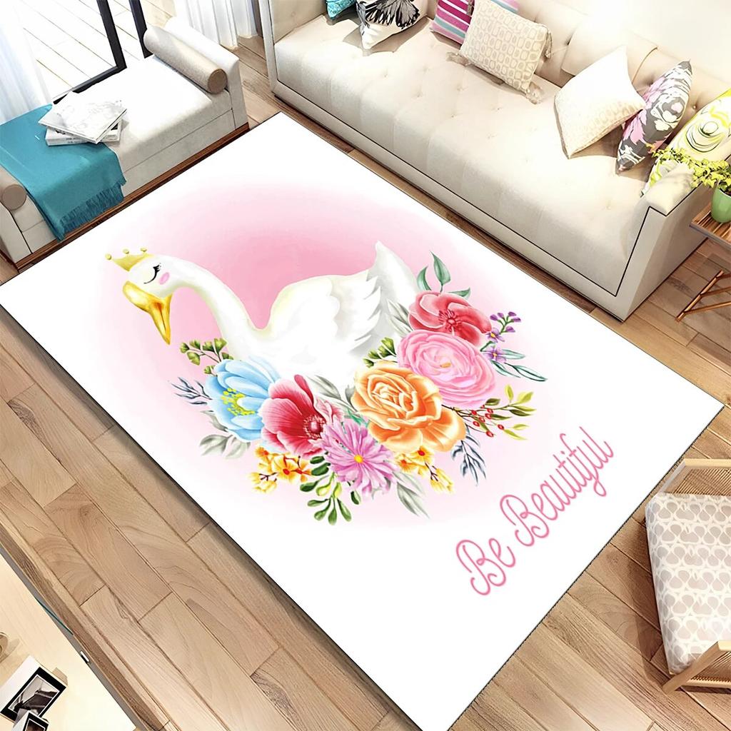 HD Cartoon Cute Swan Cygnus Area Rug,Carpet Rug for Living Room Bedroom Sofa Doormat Decoration, Kids Play Non-slip Floor Mat 3D
