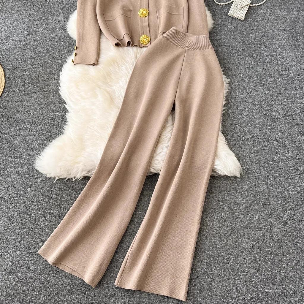 Осень-зима, кардиган с золотыми пуговицами и V-образным вырезом, карманы, вязаные свитера + широкие брюки, спортивные костюмы, длинный комплект из двух предметов