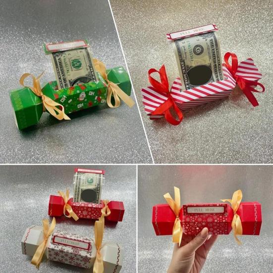 4Pcs Christmas Surprise Money Pull Pouch DIY Cash Pull Out Box with Ribbons Holiday Money Holder for Cash Gift Pull