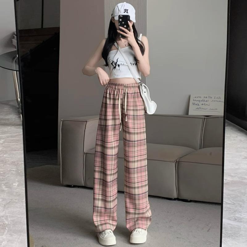 Pink Plaid Wide-Leg Pants for Petite Pear-Shaped Women - Slim Fit, Loose Straight-Leg, Floor-Length for Spring/Autumn