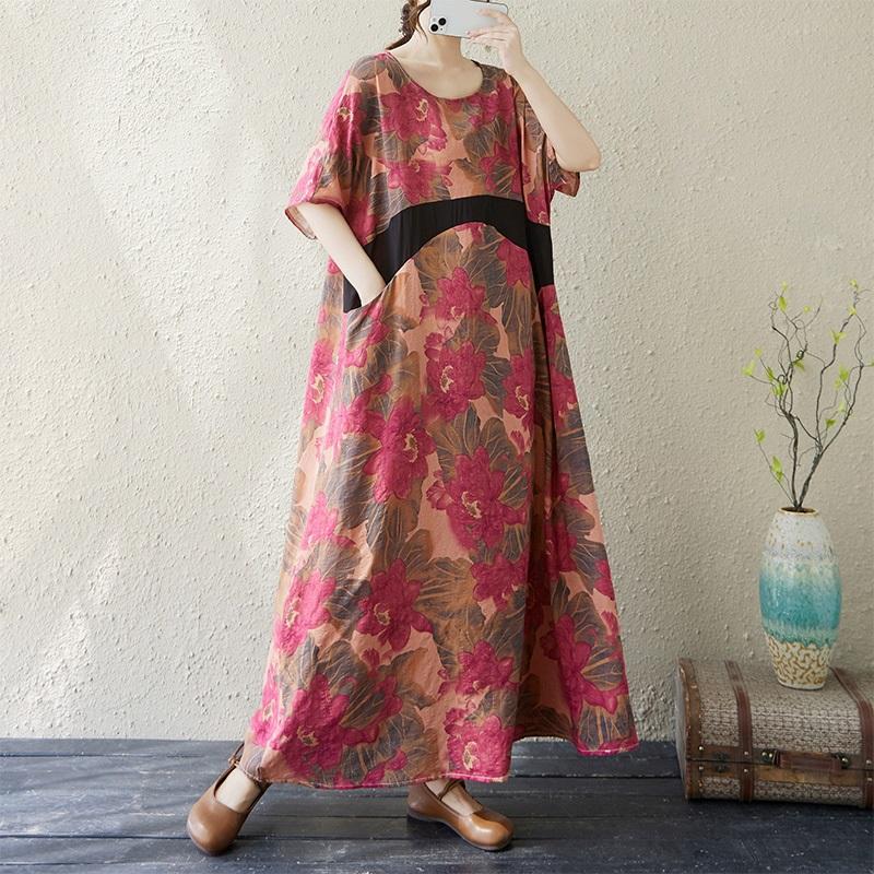 Новое хлопковое винтажное платье с цветочным принтом больших размеров с коротким рукавом для женщин, повседневное свободное длинное летнее платье