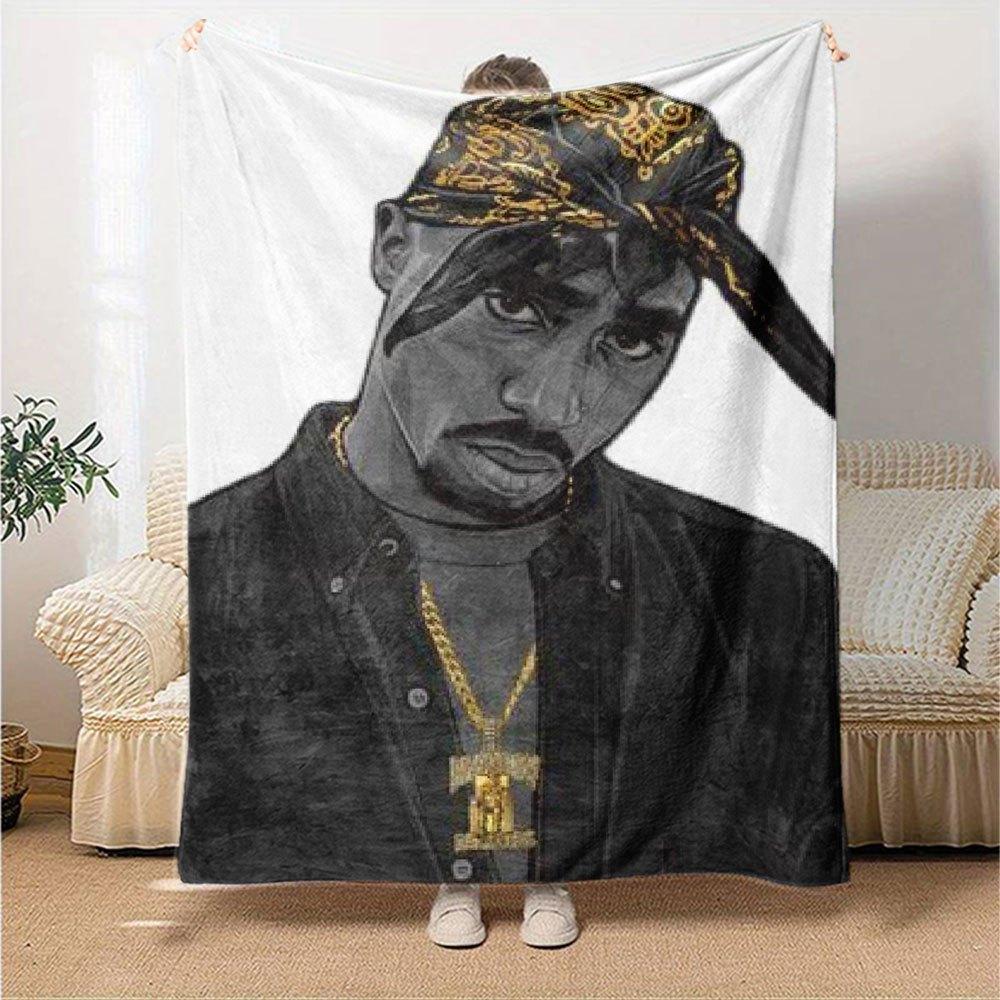 1pc 2PacHip Hop Blanket Soft Lightweight All Season Multi Purpose Throw for Sofa, Bed, Office & Picnics, French Style with Iconic Album Art & Quotes