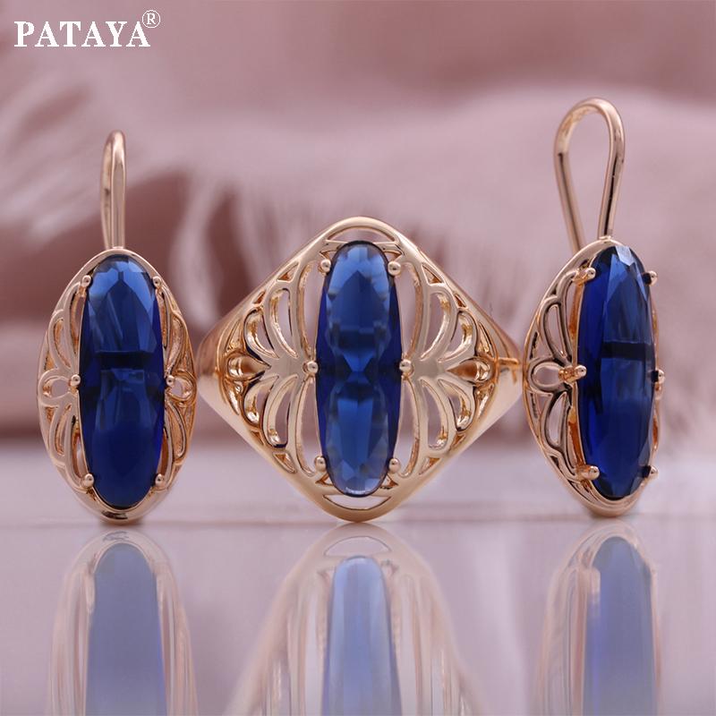 PATAYA Цвет розового золота, синий искусственный циркон, серьги, кольца, комбинированный набор, изысканные классические наборы