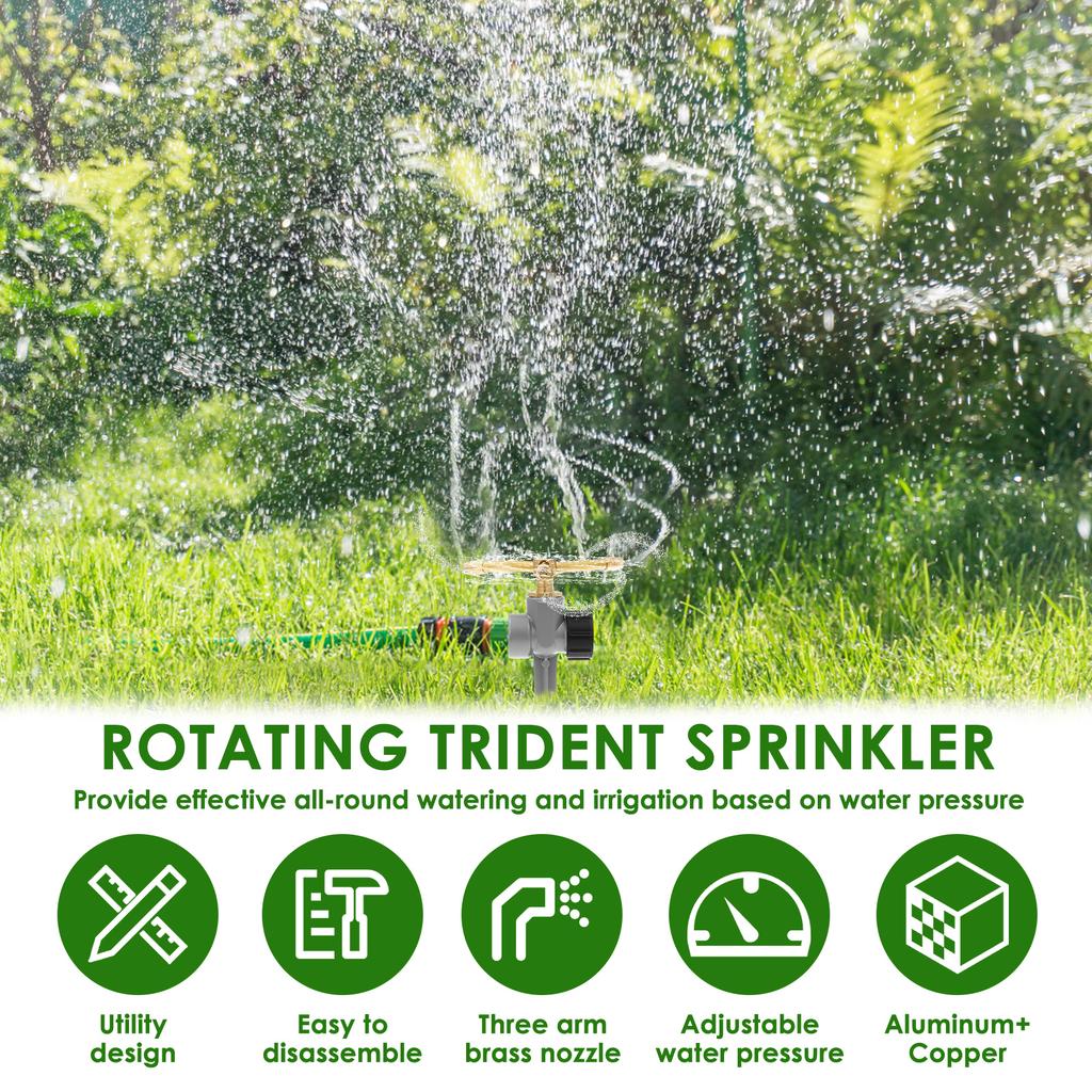 2 шт. Газонный трезубец водяной разбрызгиватель Вращение на 360 градусов Простой в использовании Сплав алюминия Садовый шип Распылитель с 3-рычажным латунным соплом