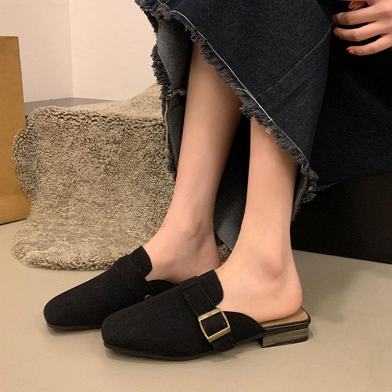 Мюли тапочки для женщин 2024 осень весна новые модные толстые низкие каблуки женские туфли верхняя одежда для девочек квадратная голова ленивые полутапочки