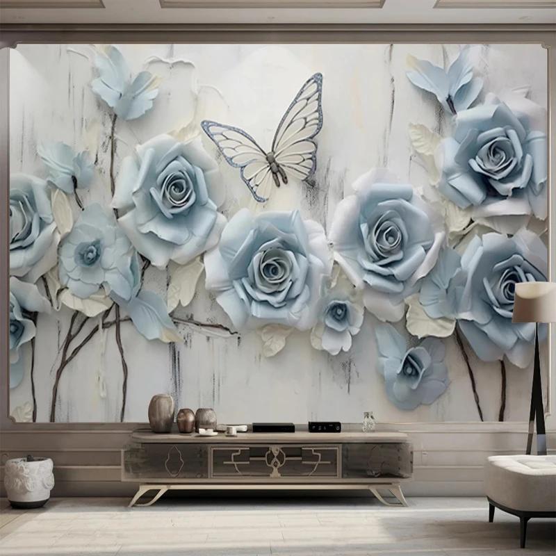 3D Embossed Wallpaper Blue Rose Flowers Butterfly Mural Paper Bedroom Living Room TV Background Wall Decor Painting