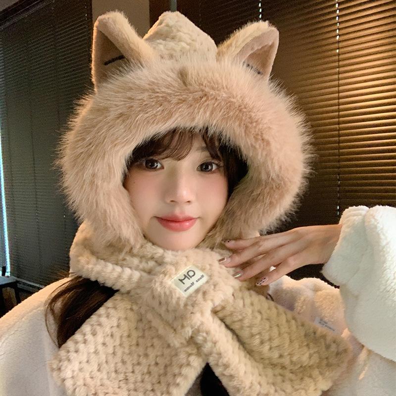 Cute Bear Hat Scarf Mask Two-piece Winter Cycling Warm Windproof Ear Gloves Furry Hat