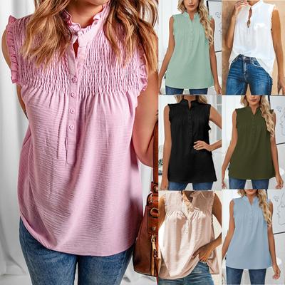 Женская мода, повседневный жилет без рукавов с принтом и воротником-стойкой, кружевная вставка на пуговицах, футболка, летний топ